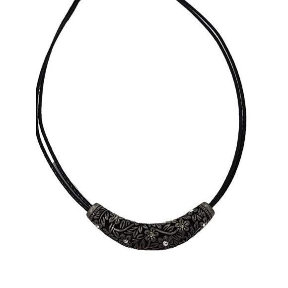 Lia Sophia- Black Rope Necklace -Antiqued Silver, Flower and Crystals (16" -19") - Picture 4 of 8